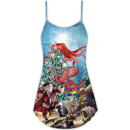Octopus And Santa Merry Christmas V-Neck Sleeveless Cami Dress For Summer Events And Comfortable Everyday Style