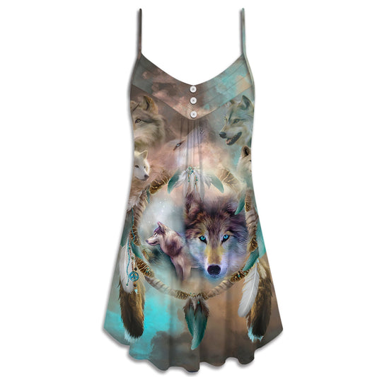 Tribal Wolf Dream Catcher Style V-Neck Sleeveless Cami Dress For Festivals Travel And Relaxed Casual Summer Wear