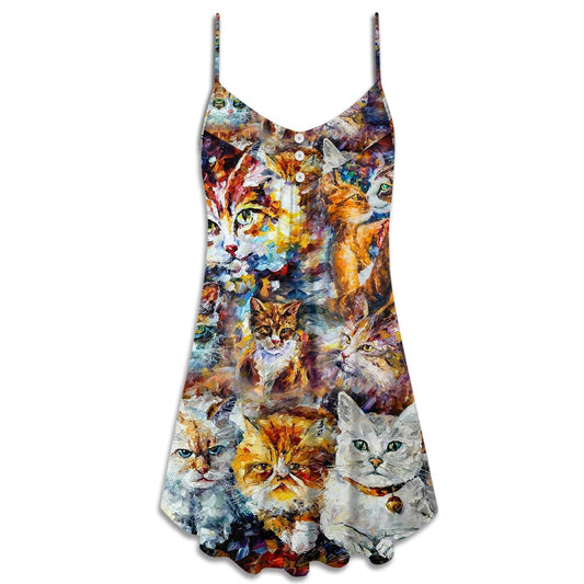Colorful Cat Art Mixer – Women's Summer Sleeveless V-Neck Camisole Dress