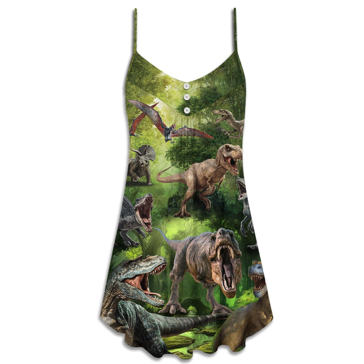 Forest Dinosaur Cool Style V-Neck Sleeveless Cami Dress For Summer Events And Comfortable Everyday Style