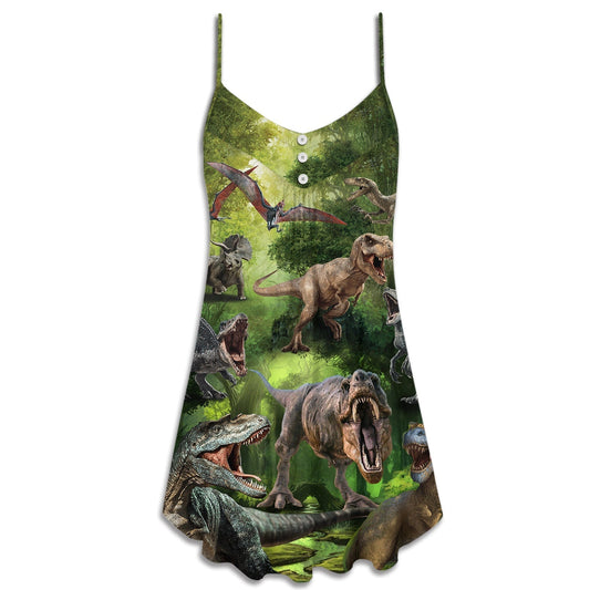 Forest Dinosaur Cool Style V-Neck Sleeveless Cami Dress For Summer Events And Comfortable Everyday Style