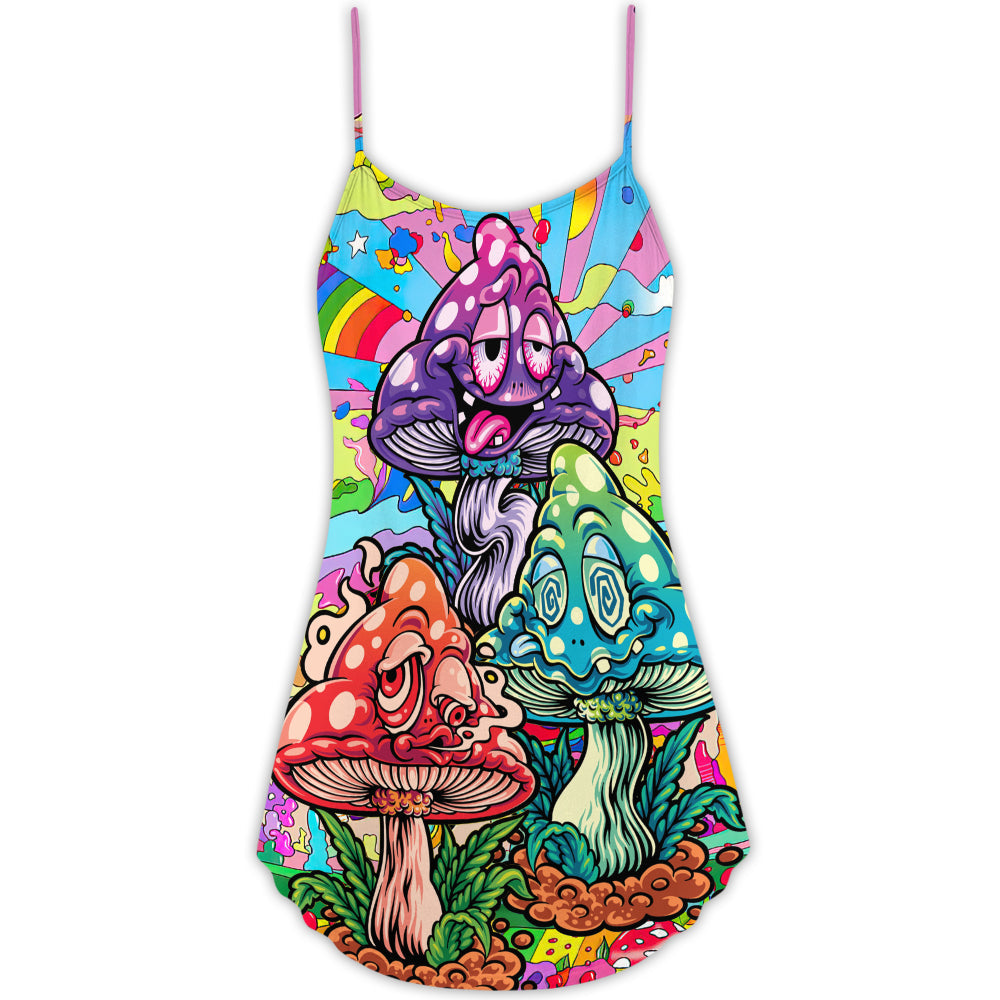 Hippie Mushroom Colorful Happy Life V-Neck Sleeveless Cami Dress For Vacations And Casual Warm Weather Wear