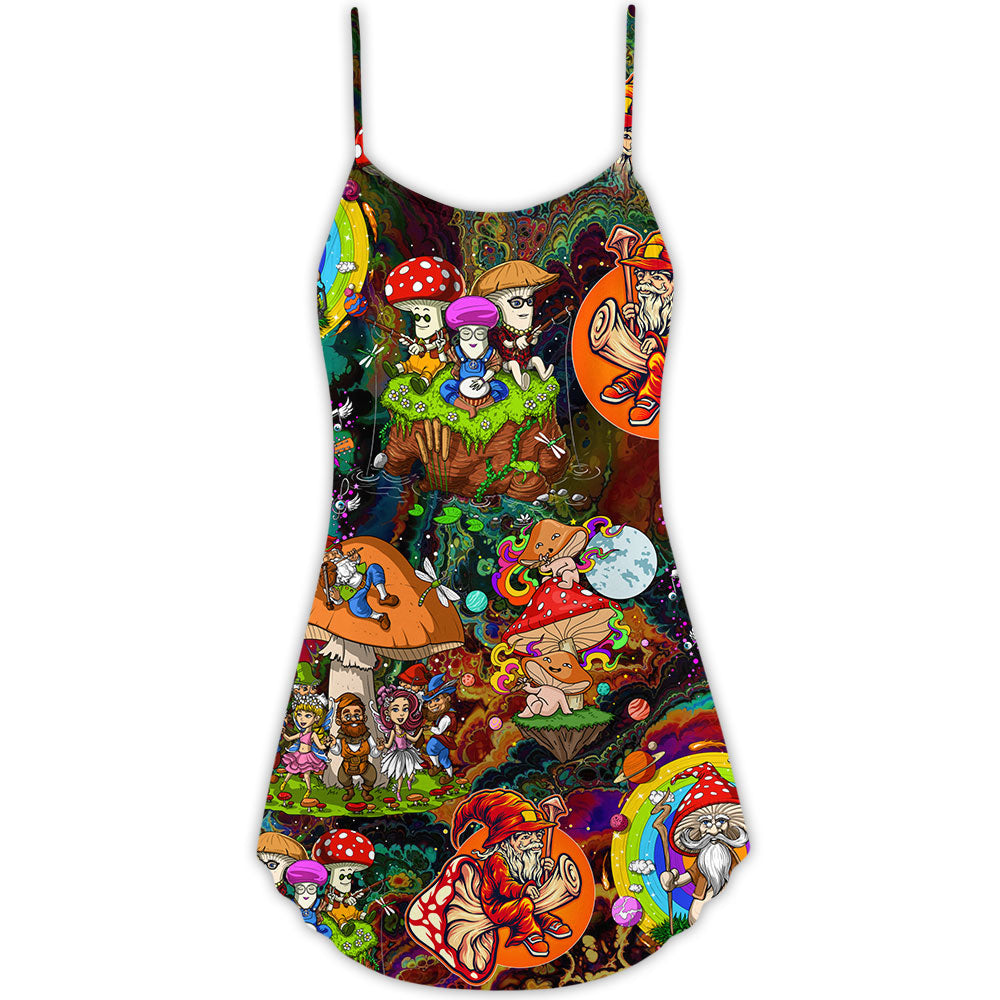 Hippie Mushroom Trippy Colorful Lover V-Neck Sleeveless Cami Dress For Vacations And Casual Warm Weather Wear