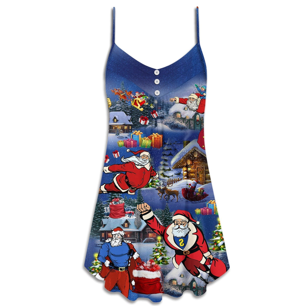 Christmas Flying Super Santa V-Neck Sleeveless Cami Dress For Festive Events And Casual Summer Styling