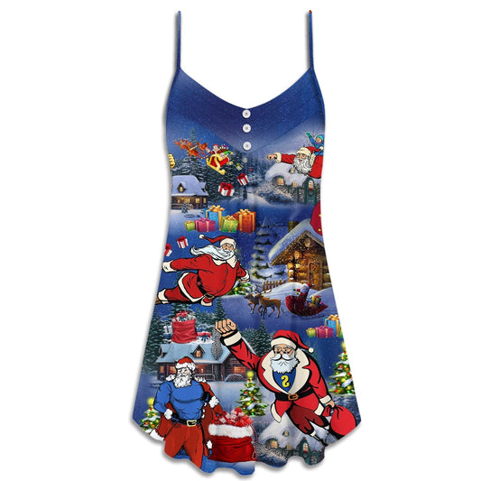Christmas Flying Super Santa V-Neck Sleeveless Cami Dress For Festive Events And Casual Summer Styling