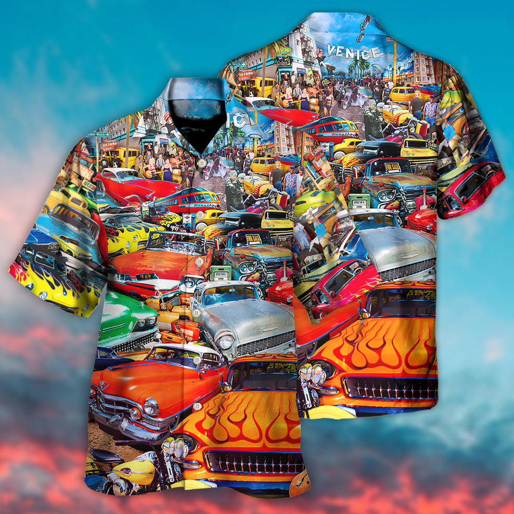 Retro Car Guitar Palm Trees Hawaiian Shirt For Coastal Adventures And Warm Weather Wear