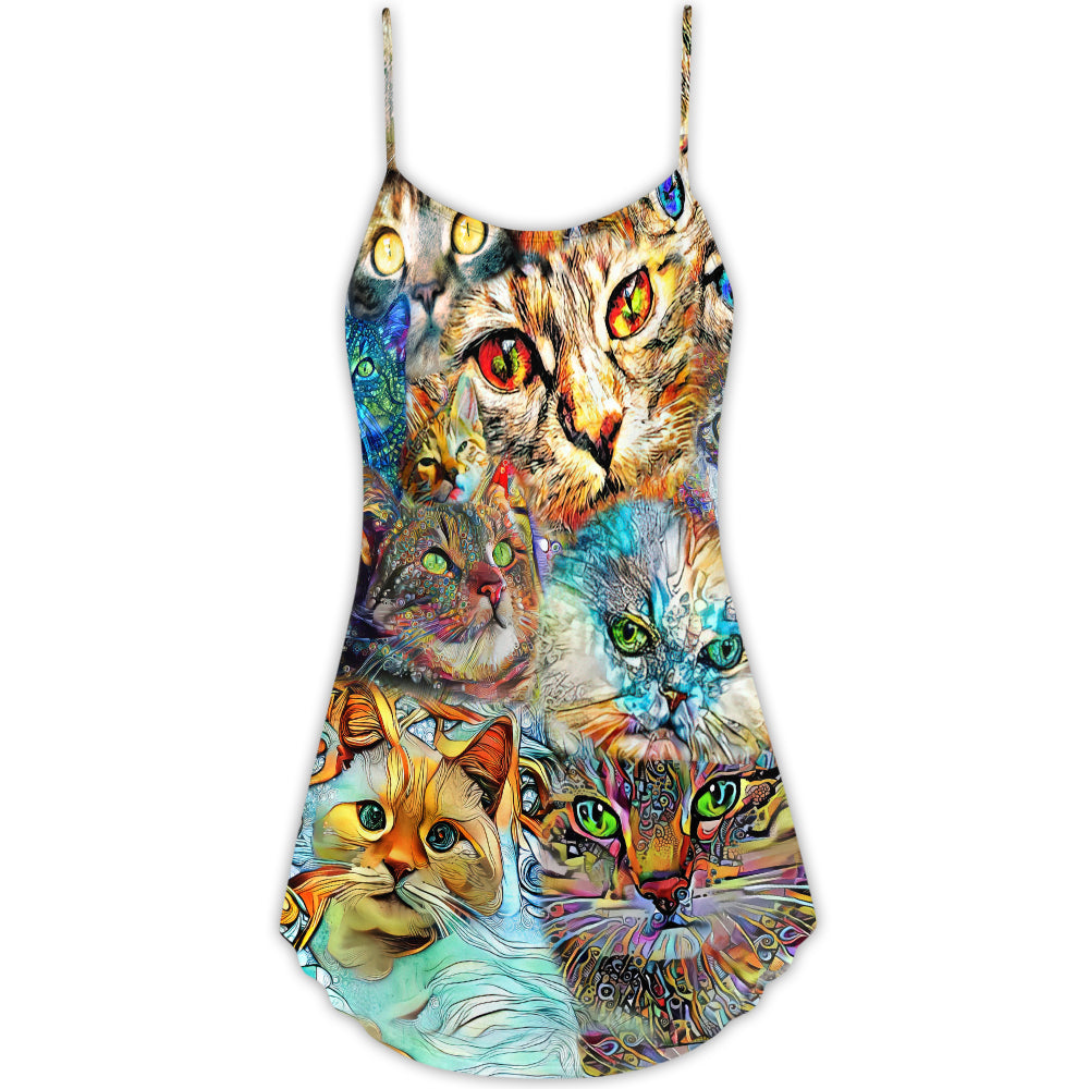 Real Love For Cats V-Neck Sleeveless Cami Dress For Summer Vacations Festivals And Playful Casual Styling