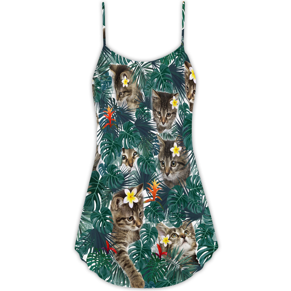 Cat Powered Tropical Island V-Neck Sleeveless Cami Dress For Vacations And Casual Warm Weather Wear