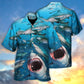 Shark Hunt Packs Hawaiian Shirt Artwork Detail For Tropical Trips And Casual Outings