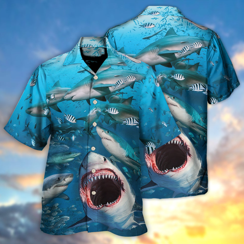 Shark Hunt Packs Hawaiian Shirt Artwork Detail For Tropical Trips And Casual Outings
