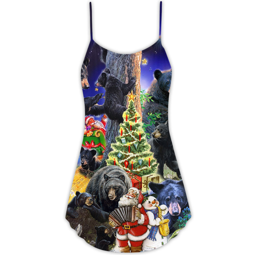 Bear Family Santa Merry Christmas V-Neck Sleeveless Cami Dress For Festive Events And Casual Summer Styling