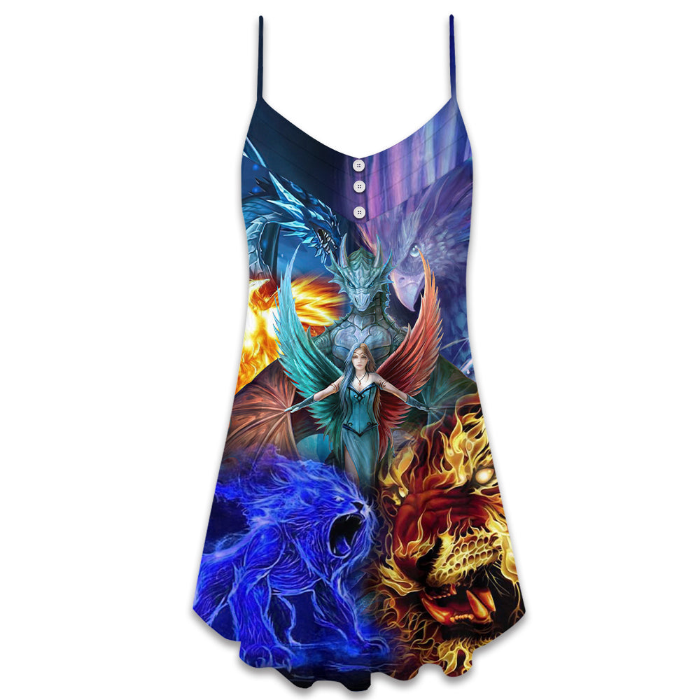 Dragon Mystery Fantasy Style V-Neck Sleeveless Cami Dress For Festivals Travel And Relaxed Casual Summer Wear