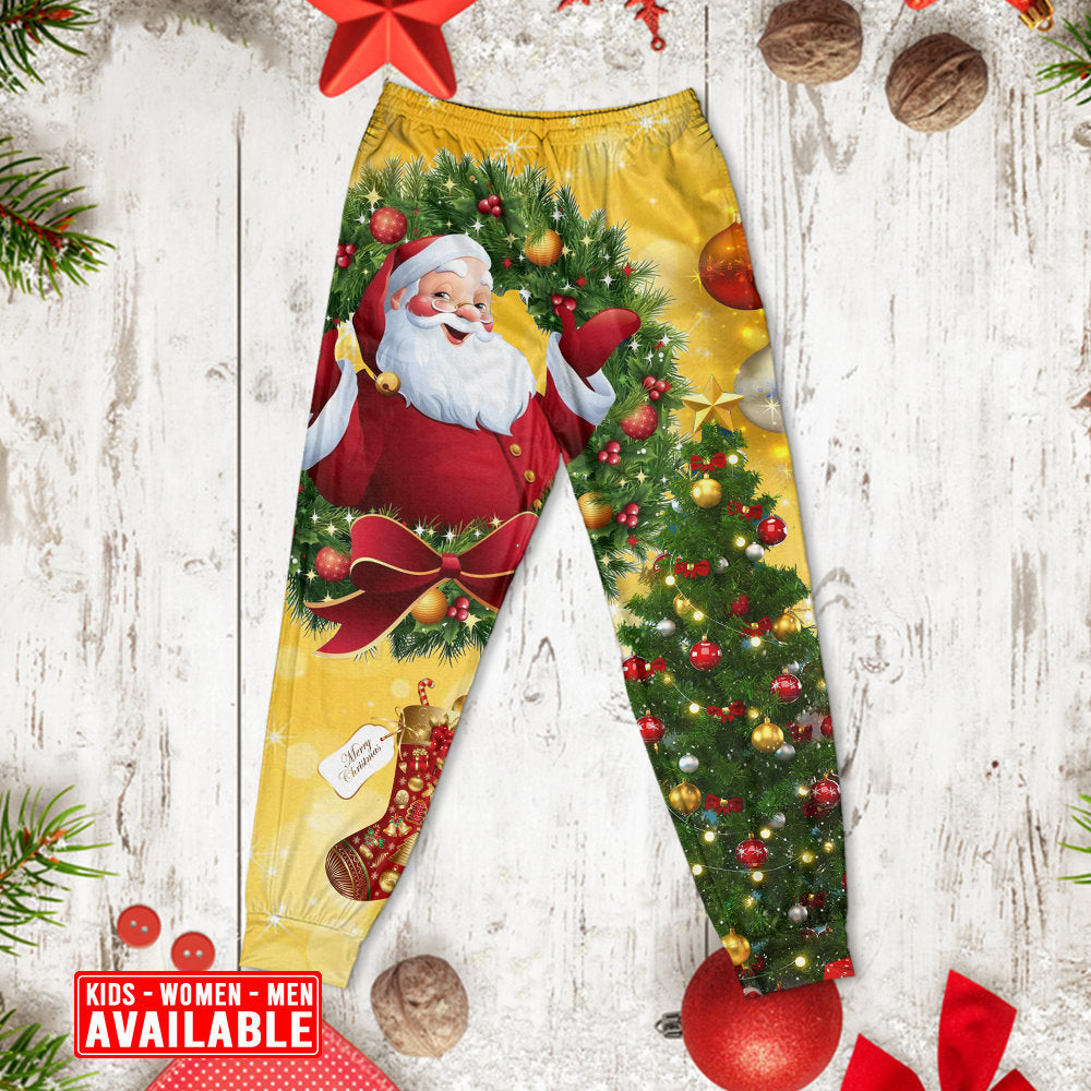 Santa And Golden Christmas Tree Long Sleeve Pajamas Set For Holiday Bedtime And Cozy Home Wear
