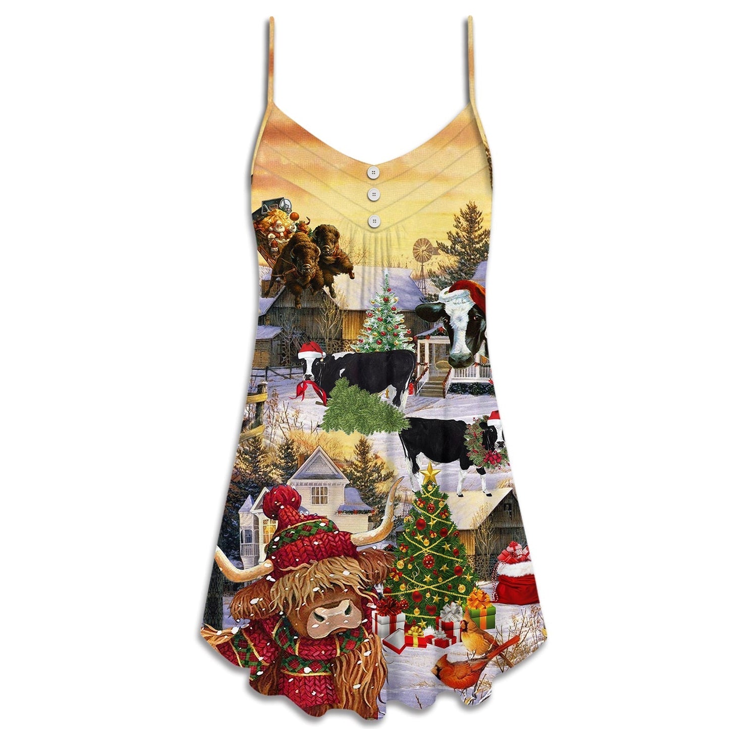 Christmas Cows Love Animals V-Neck Sleeveless Cami Dress For Festivals Travel And Relaxed Casual Summer Wear