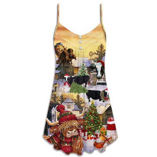 Christmas Cows Love Animals V-Neck Sleeveless Cami Dress For Festivals Travel And Relaxed Casual Summer Wear