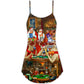 Poker Santa Friends Merry Christmas Snow V-Neck Sleeveless Cami Dress For Vacations And Casual Warm Weather Wear