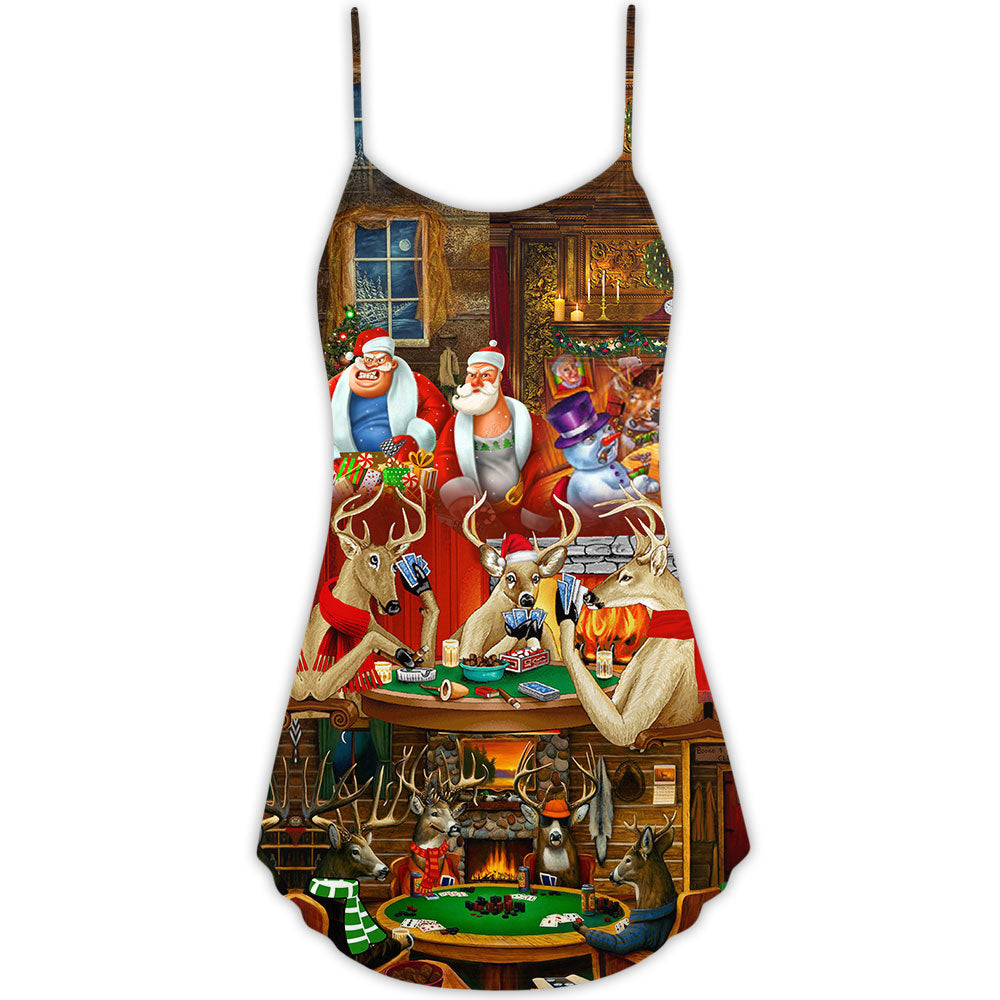 Poker Santa Friends Merry Christmas Snow V-Neck Sleeveless Cami Dress For Vacations And Casual Warm Weather Wear