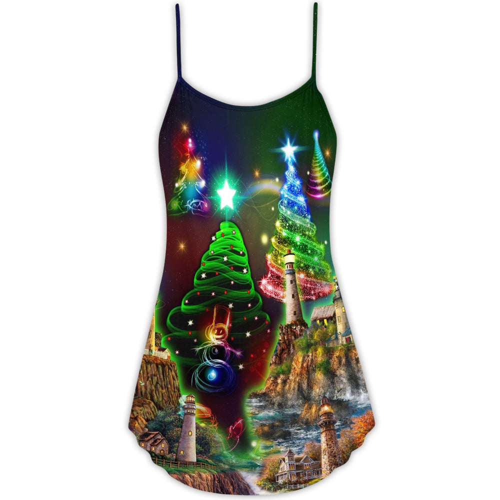 Christmas Lighthouse Merry Holiday V-Neck Sleeveless Cami Dress For Festive Events And Casual Summer Styling