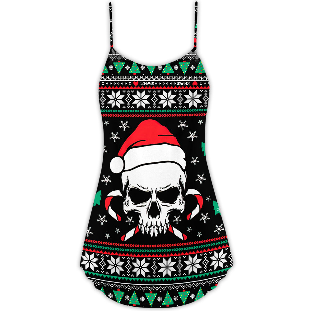 Christmas Skull Santa Hat Candy V-Neck Sleeveless Cami Dress For Festivals Travel And Relaxed Casual Summer Wear