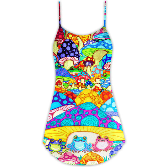 Hippie Frog Mushroom Colorful Peace – Women's Summer Sleeveless V-Neck Camisole Dress
