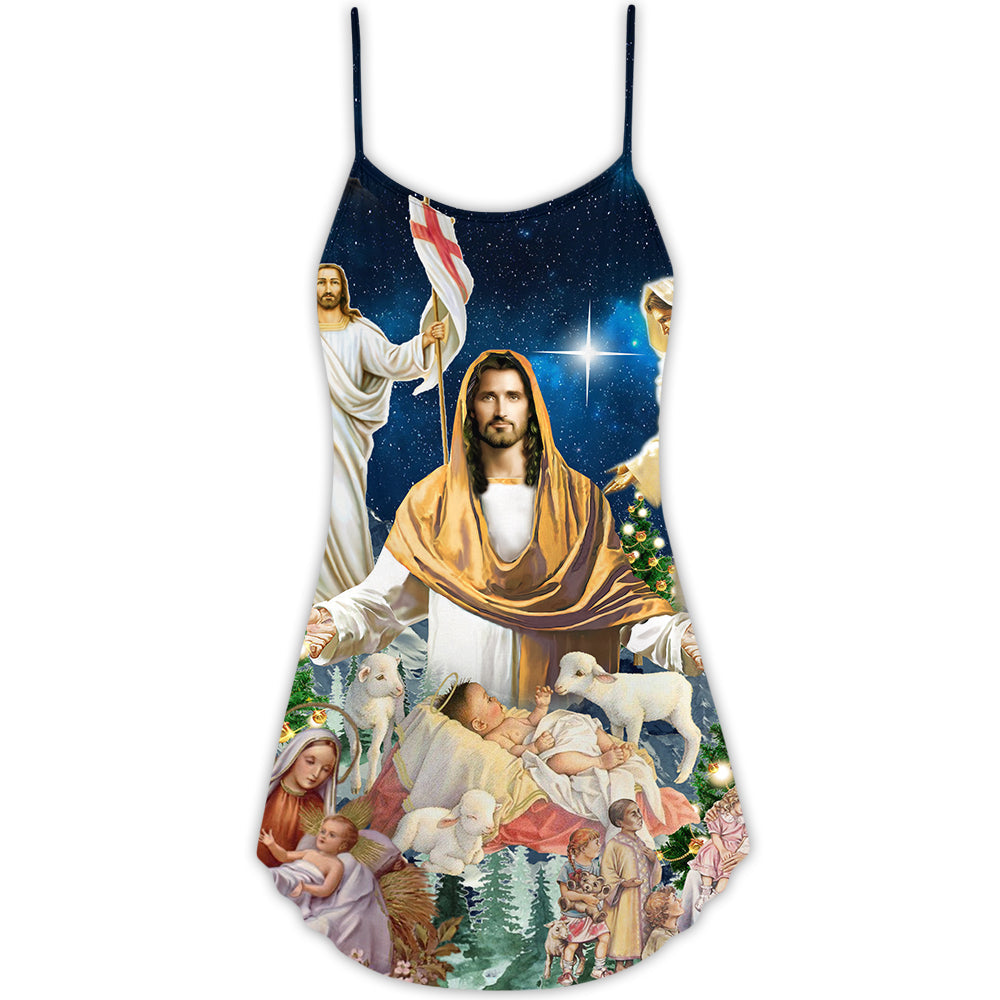 Christmas Jesus Miracle Night V-Neck Sleeveless Cami Dress For Festive Events And Casual Summer Styling