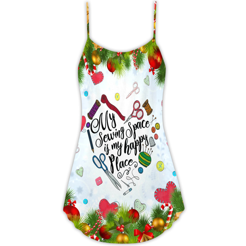 Christmas Sewing Machine Happy Place V-Neck Sleeveless Cami Dress For Vacations And Casual Warm Weather Wear