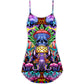 Hippie Mushroom Skull Art V-Neck Sleeveless Cami Dress For Creative Festivals And Dramatic Warm Weather Fashion