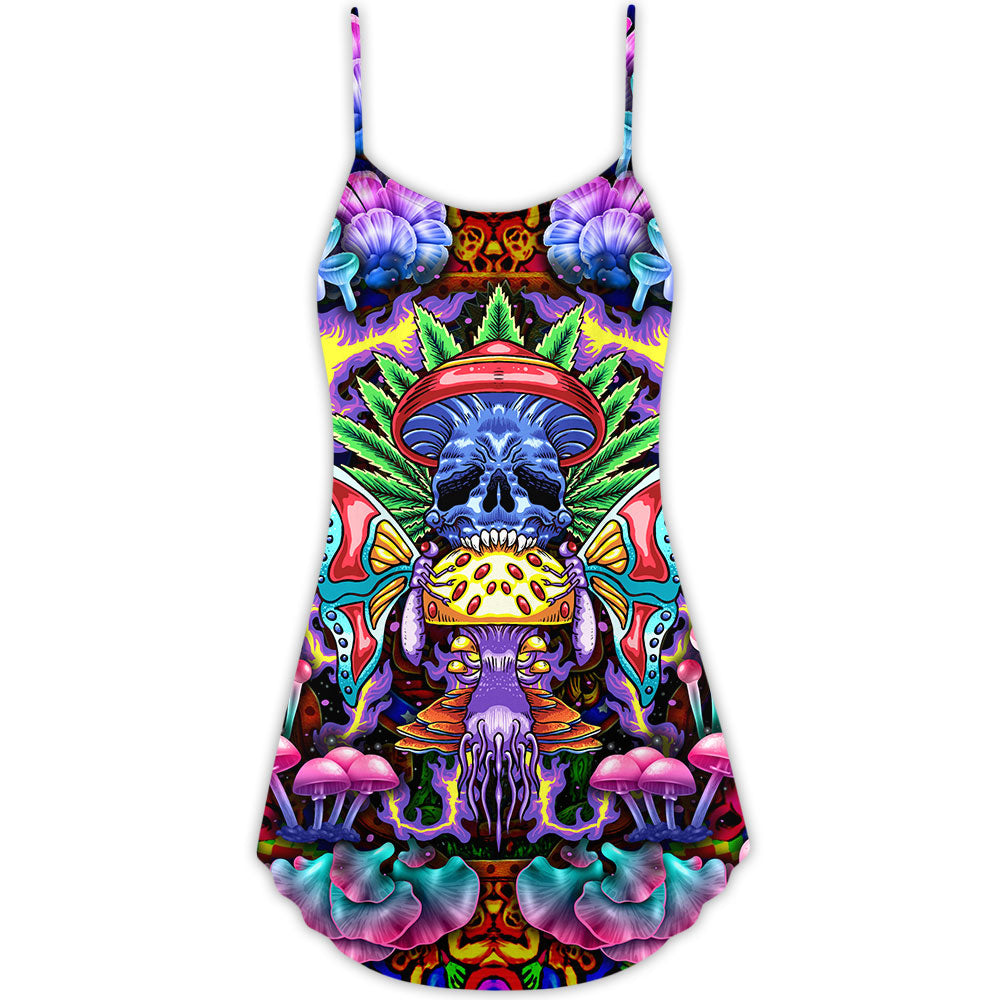Hippie Mushroom Skull Art V-Neck Sleeveless Cami Dress For Creative Festivals And Dramatic Warm Weather Fashion