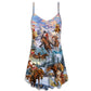 Santa Riding Horse Snow Mountain V-Neck Sleeveless Cami Dress For Festive Events And Casual Summer Styling