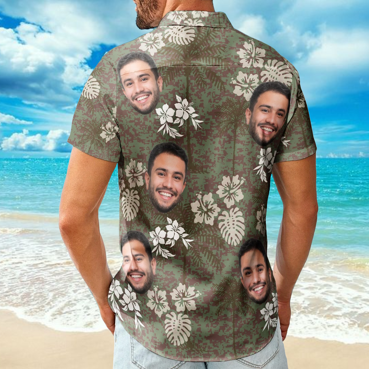 Tropical Camo Beach Island Aloha Custom Photo Hawaiian Shirt For Personalized Vacation Style And Beach Travel