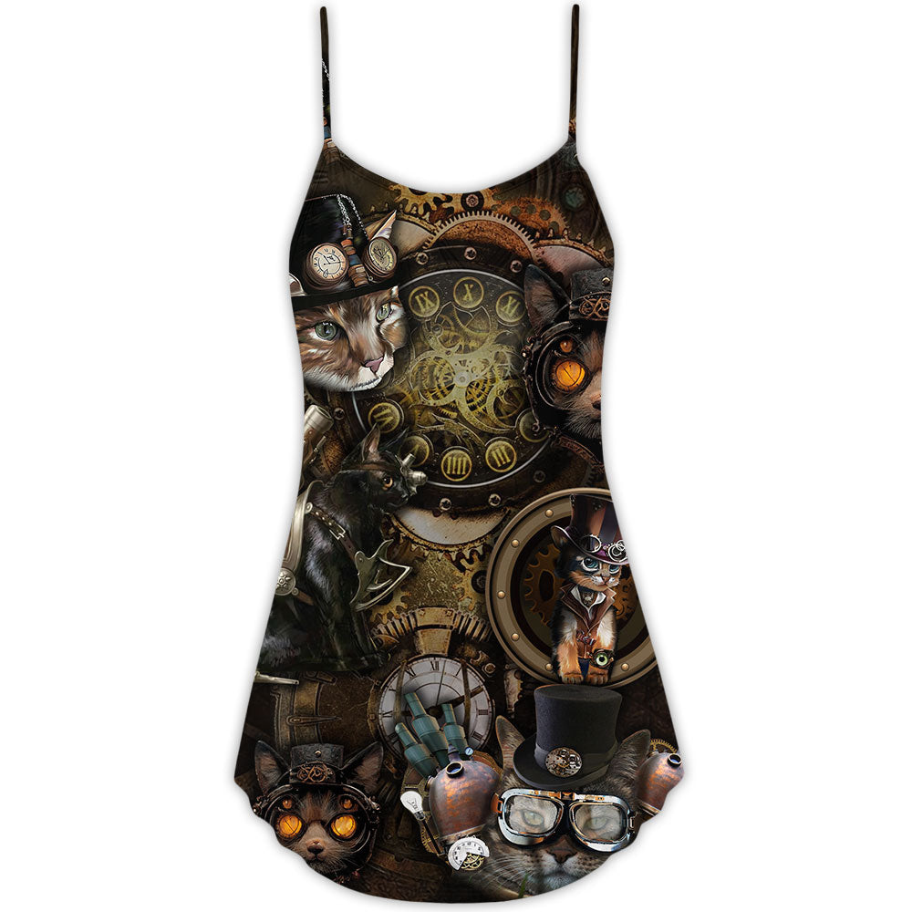 Steampunk Cat Magic Style V-Neck Sleeveless Cami Dress For Casual Outings Vacations And Summer Style