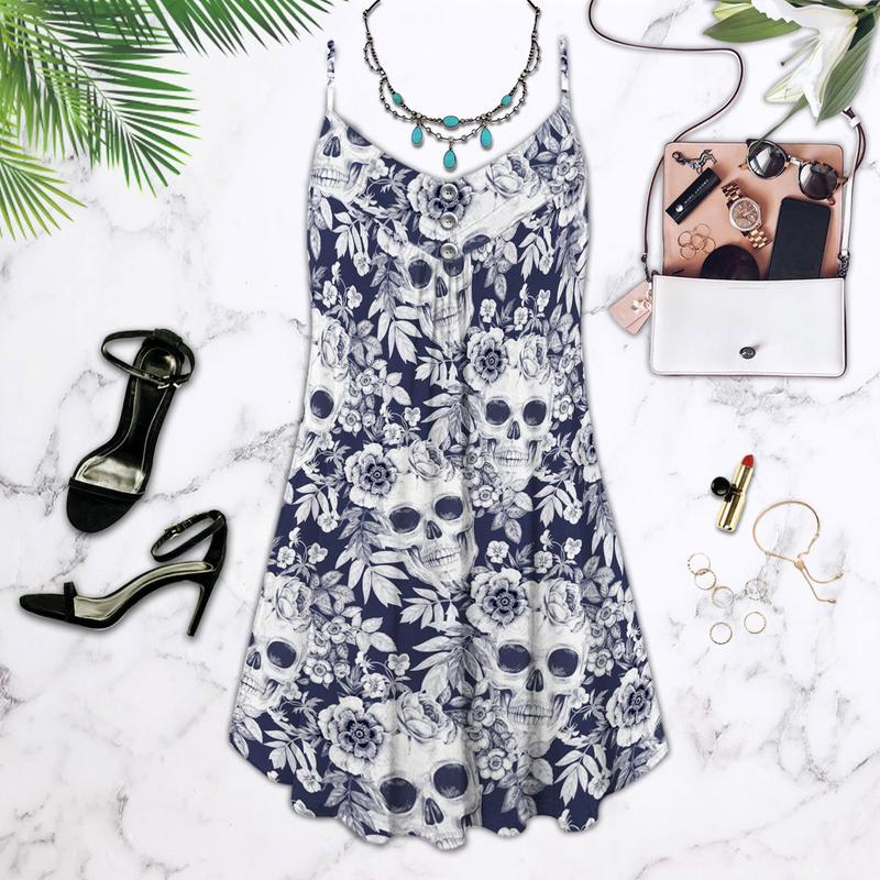 Skull Flowers Tropical V-Neck Sleeveless Cami Dress For Weekend Parties And Distinctive Outfits
