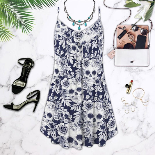 Skull Flowers Summer Tropical Limited 4 – Women's Summer Sleeveless V-Neck Camisole Dress