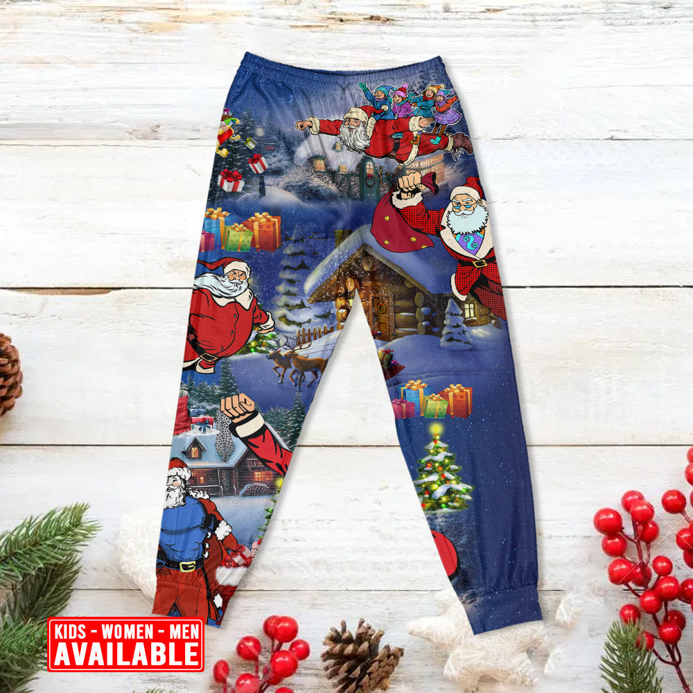 Flying Santa Christmas Long Sleeve Pajamas Set For Holiday Travel And Comfortable Home Wear