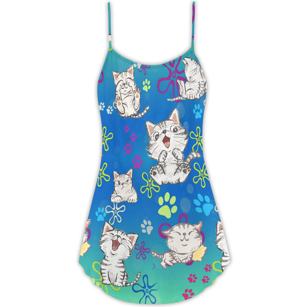 Cat Love Lifestyle V-Neck Sleeveless Cami Dress For Casual Outings Vacations And Summer Style