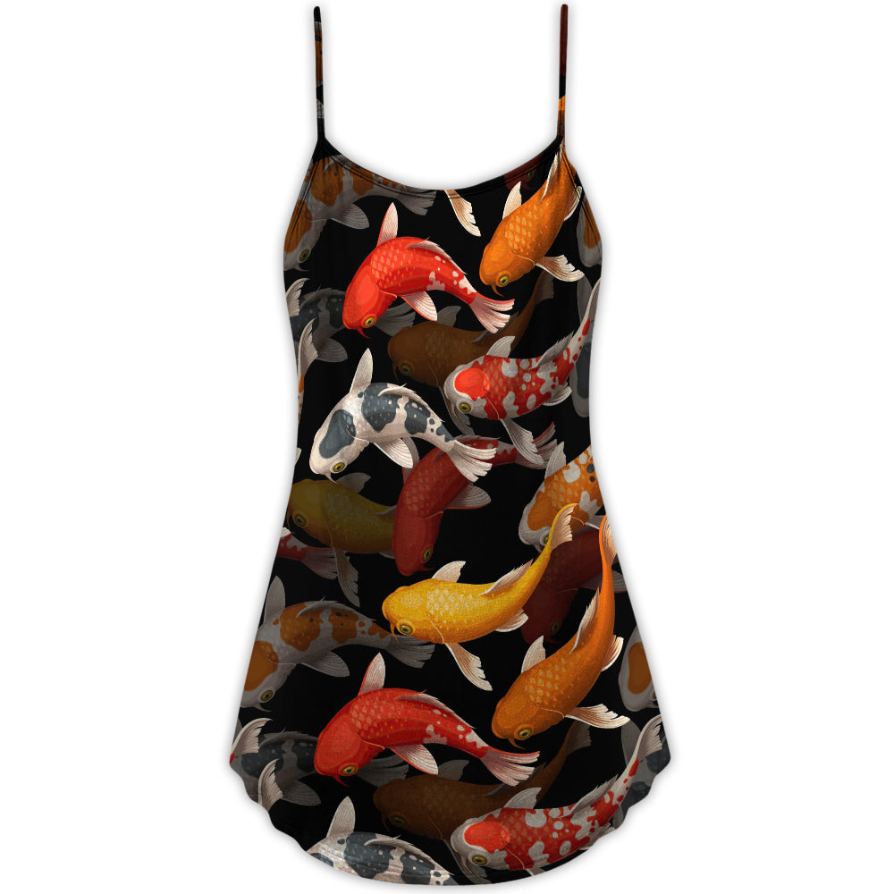Koi Fish Minimal Style V-Neck Sleeveless Cami Dress For Summer Vacations Festivals And Casual Everyday Wear