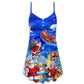 Santa Magic Night Town V-Neck Sleeveless Cami Dress For Christmas Events Vacations And Playful Warm Weather Wear