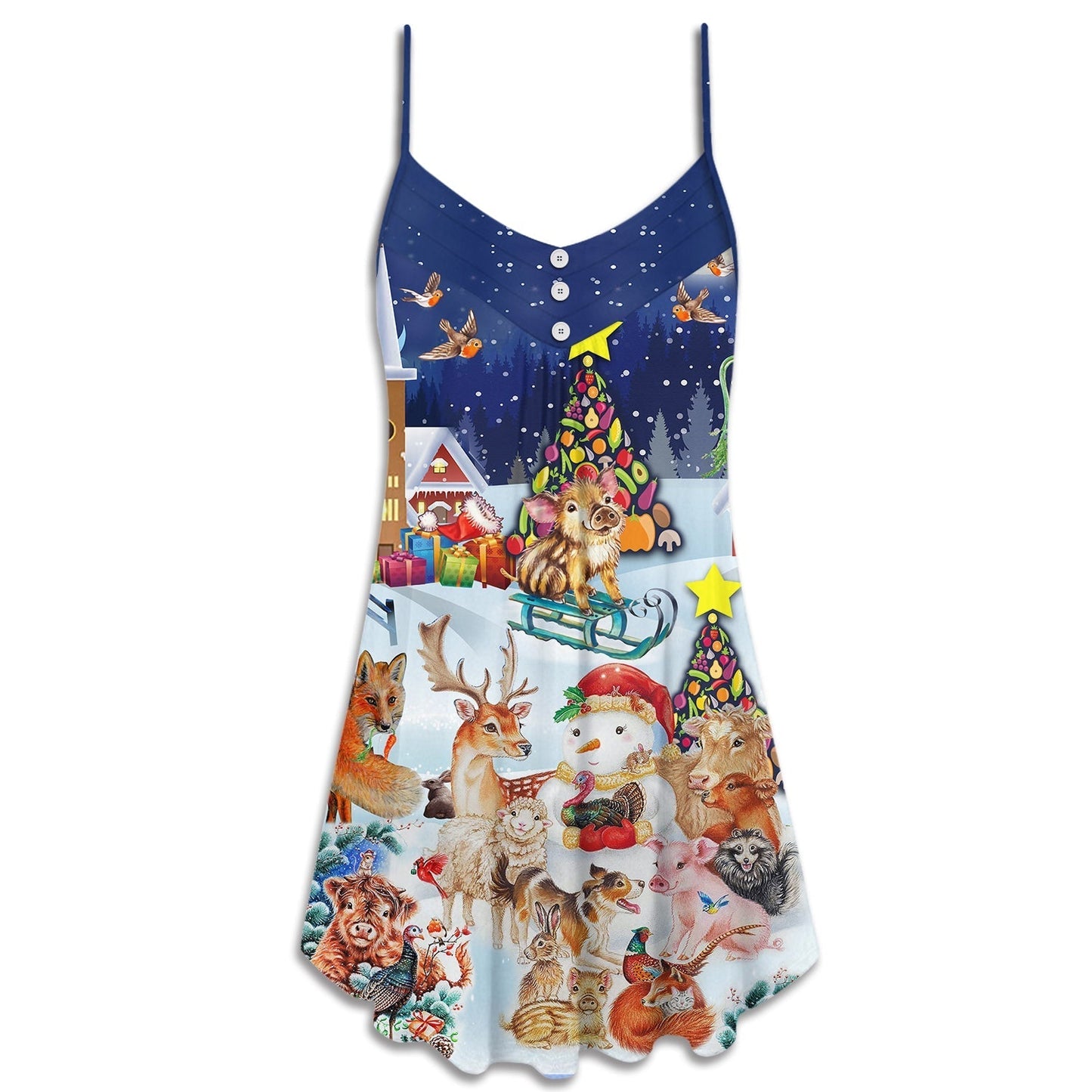 Christmas Happy Animals Funny Love V-Neck Sleeveless Cami Dress For Summer Events And Comfortable Everyday Style