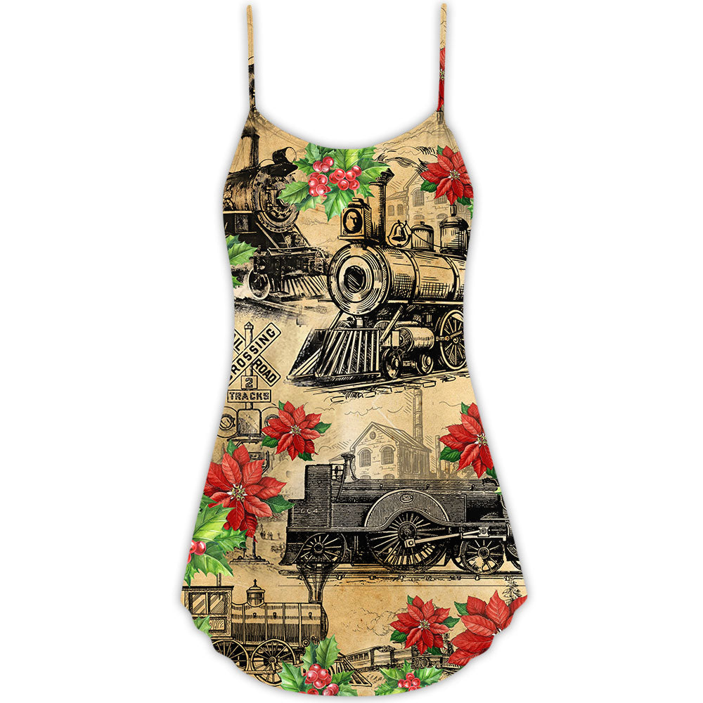 Vintage Train Merry Christmas V-Neck Sleeveless Cami Dress For Festivals Travel And Relaxed Casual Summer Wear