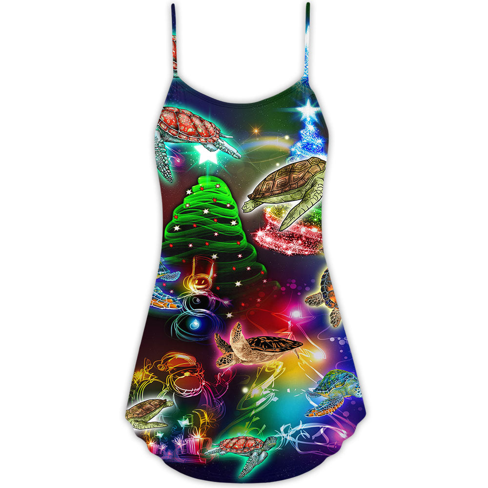 Turtle Neon Tree Merry Christmas V-Neck Sleeveless Cami Dress For Summer Events And Comfortable Everyday Style
