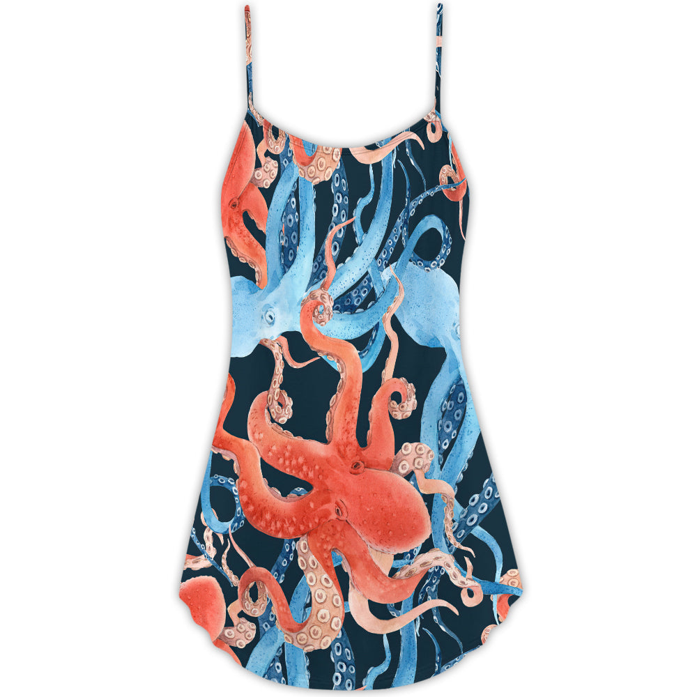 Colorful Octopus Ocean Life V-Neck Sleeveless Cami Dress For Beach Trips And Relaxed Vacation Style