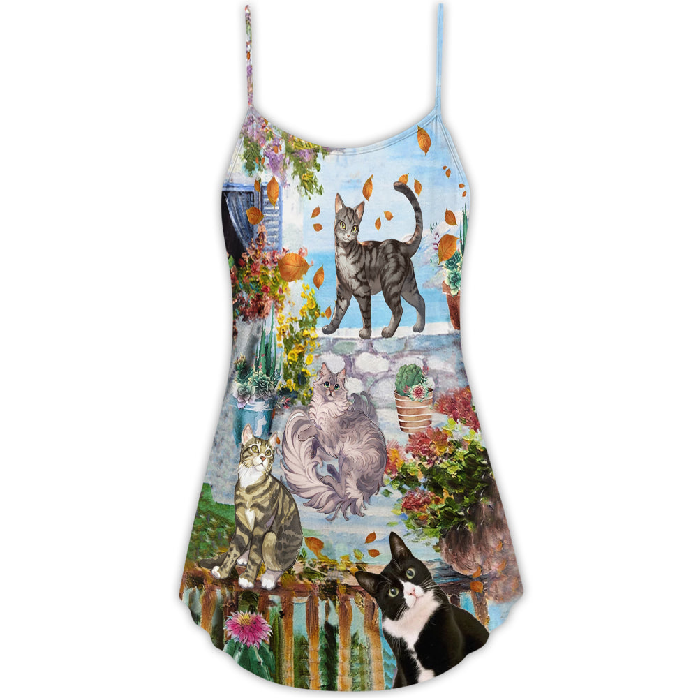 Cat Loves Home And V-Neck Sleeveless Cami Dress For Vacations Outdoor Events And Cheerful Casual Fashion
