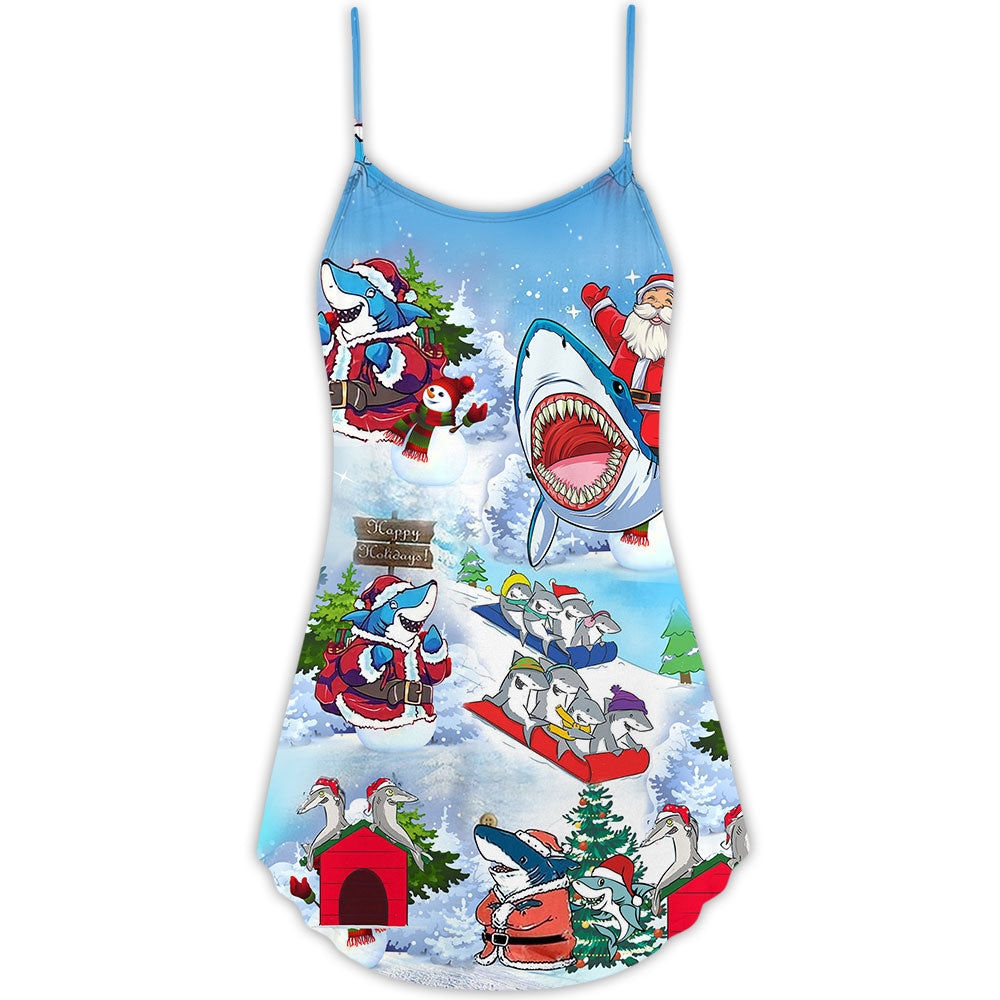 Shark Santa Love Merry Christmas V-Neck Sleeveless Cami Dress For Summer Events And Comfortable Everyday Style
