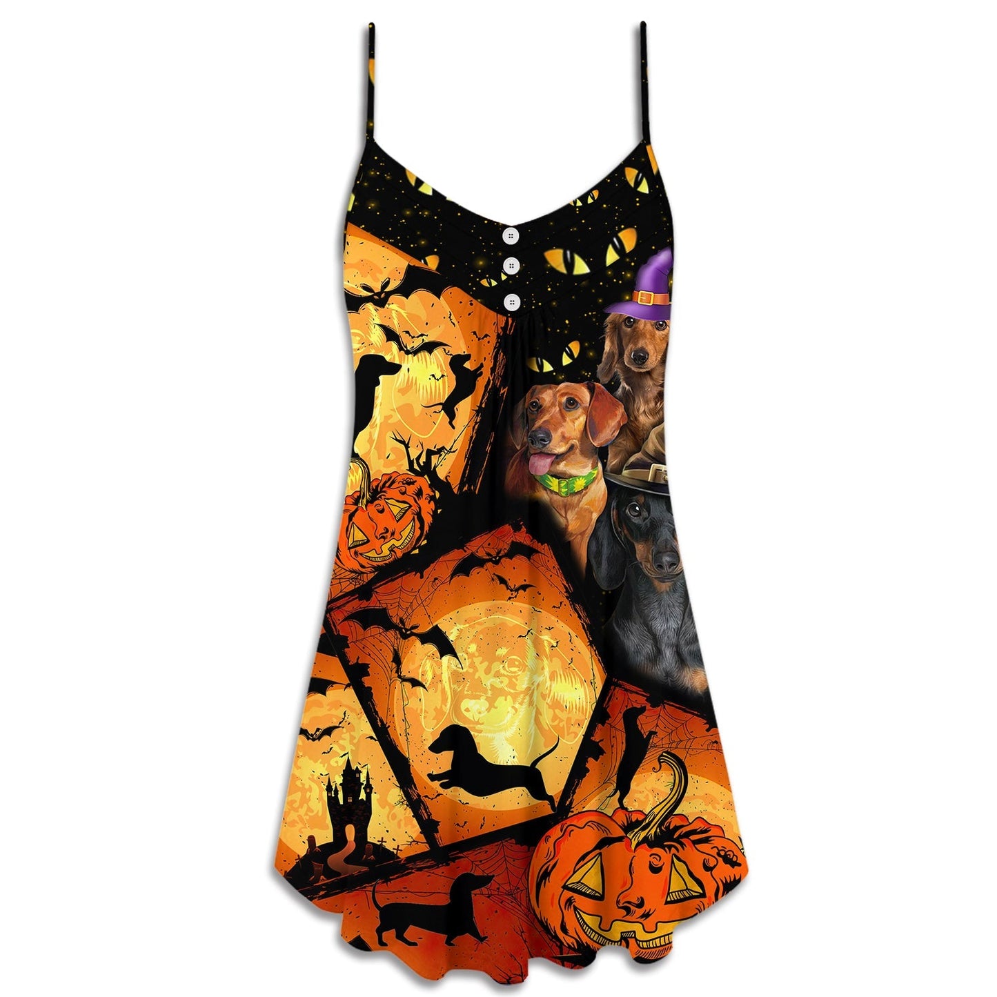 Halloween Dachshund Pumpkin Scary V-Neck Sleeveless Cami Dress For Summer Events And Comfortable Everyday Style