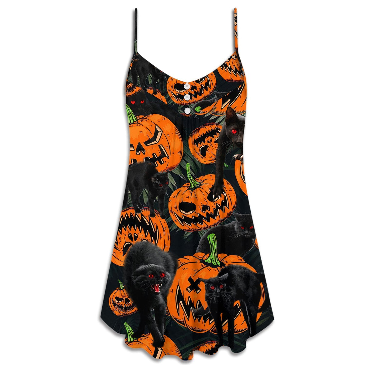Halloween Tropical Black Cat Pumpkin V-Neck Sleeveless Cami Dress For Vacations And Casual Warm Weather Wear