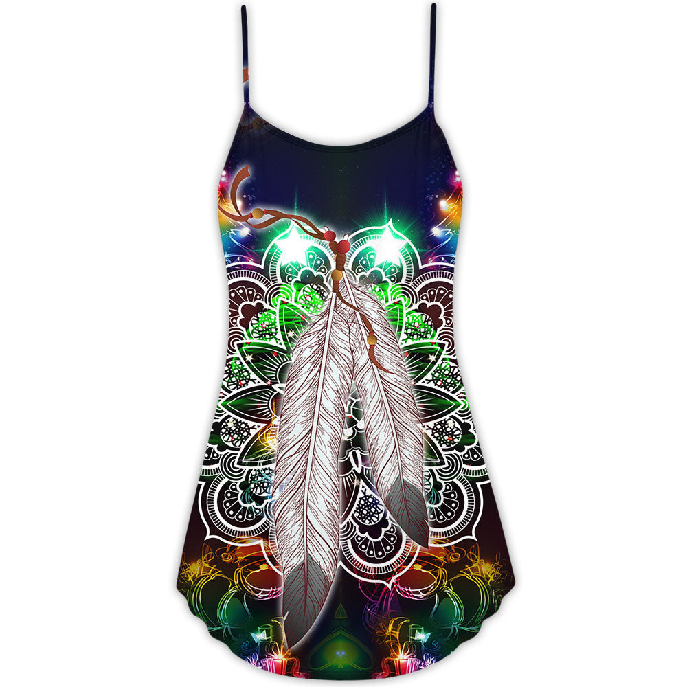 Christmas Feather Mandala Neon Holiday – Women's Summer Sleeveless V-Neck Camisole Dress