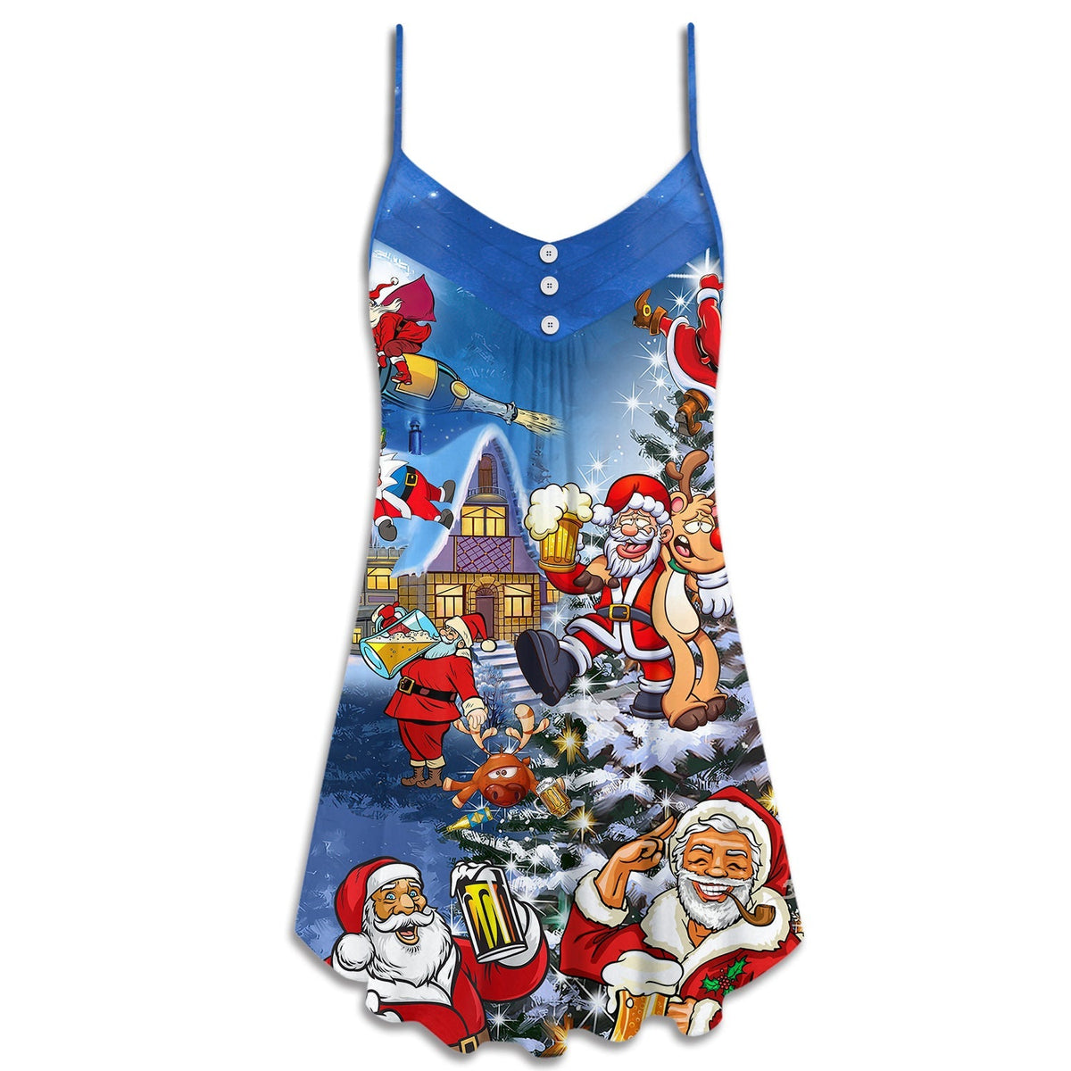 Santa Drinking Party Funny V-Neck Sleeveless Cami Dress For Festive Gatherings Travel And Casual Holiday Styling