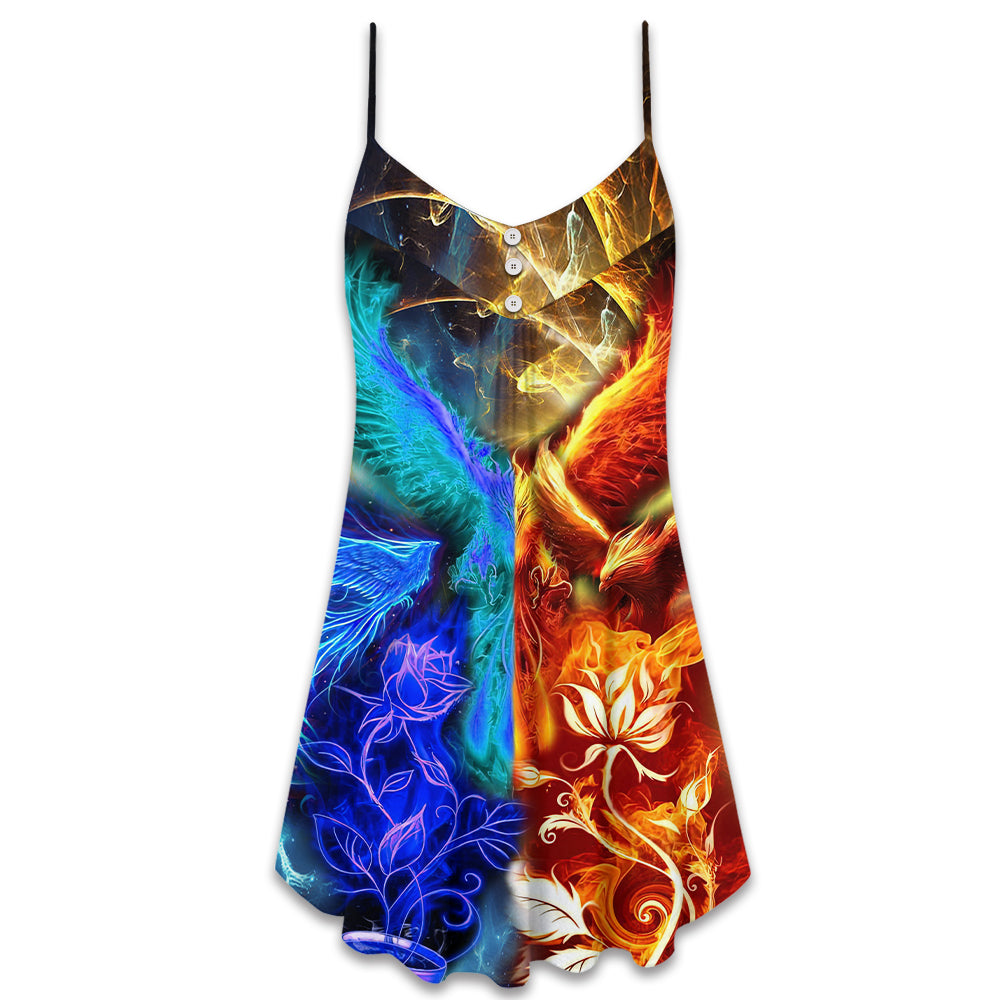 Phoenix Opposite Life Symbol V-Neck Sleeveless Cami Dress For Vacations And Casual Warm Weather Wear