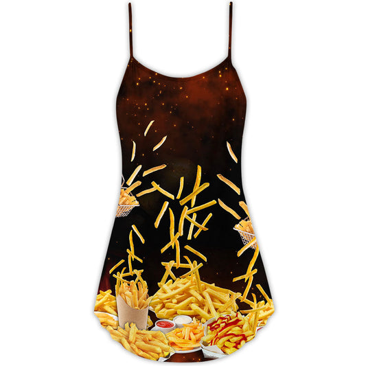 French Fries Fast Food Delight V-Neck Sleeveless Cami Dress For Festivals Travel And Relaxed Casual Summer Wear