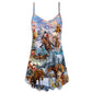 Christmas Santa Riding Horse Snow Mountain V-Neck Sleeveless Cami Dress For Summer Events And Comfortable Everyday Style